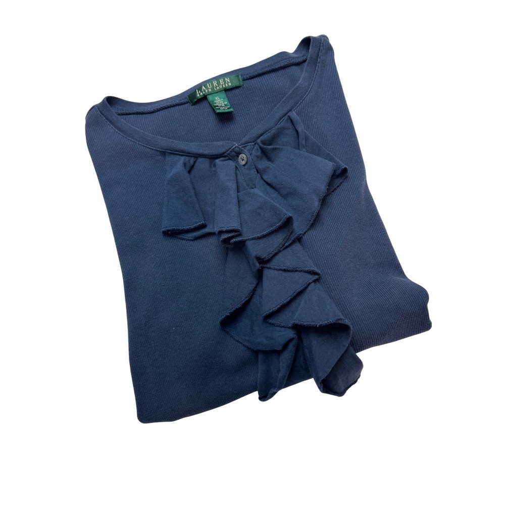 Lauren Ralph Lauren Ruffle Top Women XL Navy Ribbed Knit Long Sleeve Blouse A14